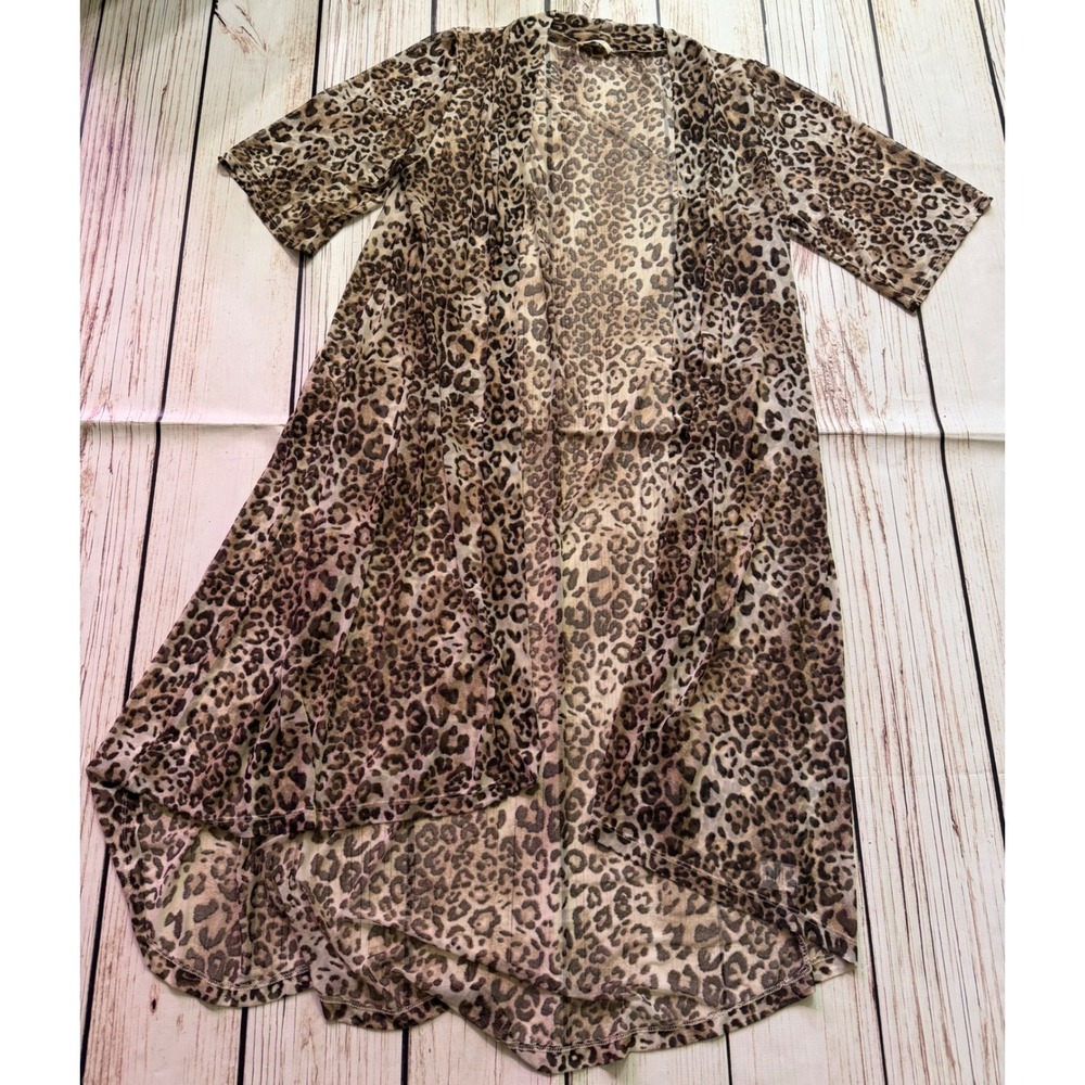 Oddi Leopard Print Mesh Duster Cardigan Sheer High Low Kimono One Size